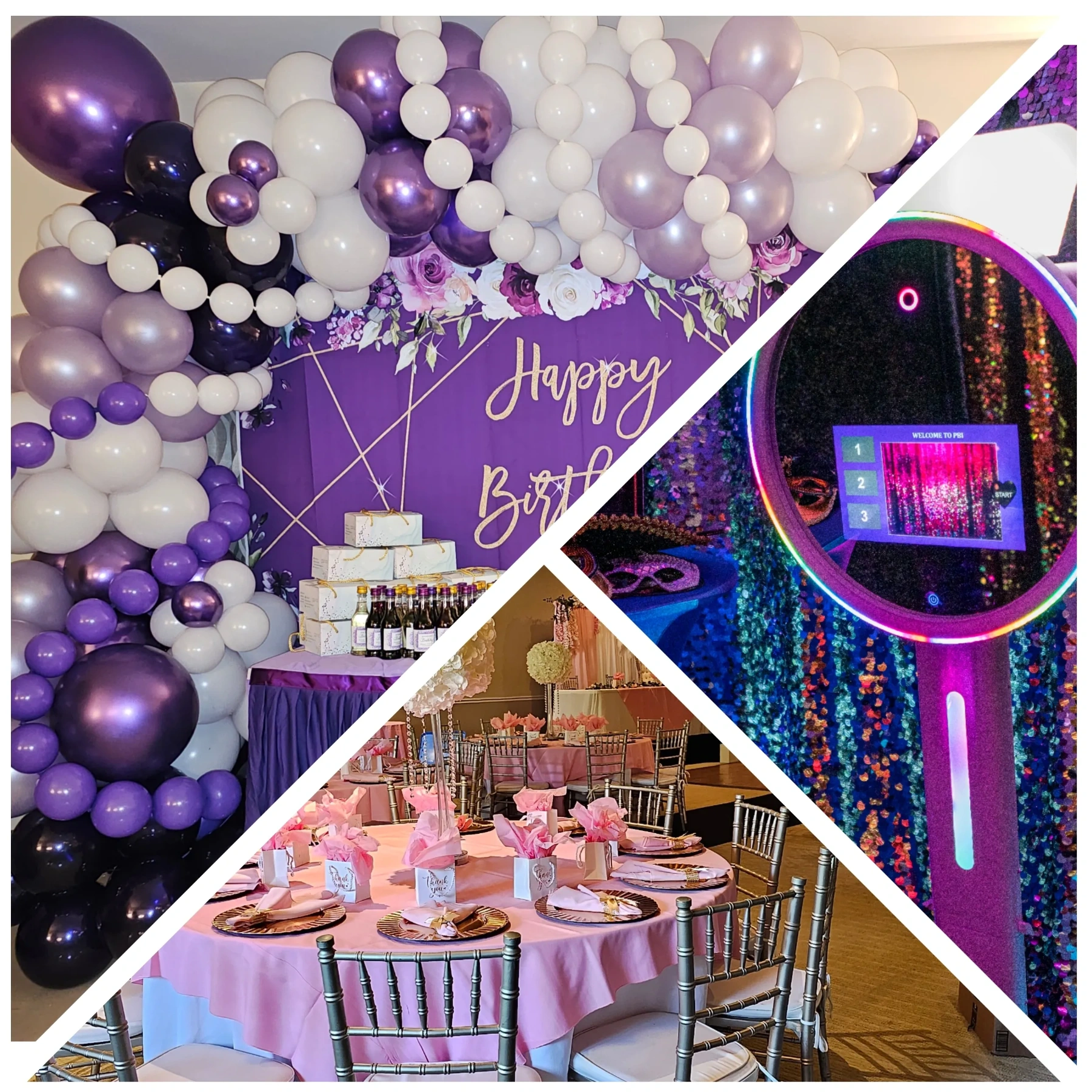 Event decor services of an organic balloon garland, a photo booth setup, and an elegant tablescape.