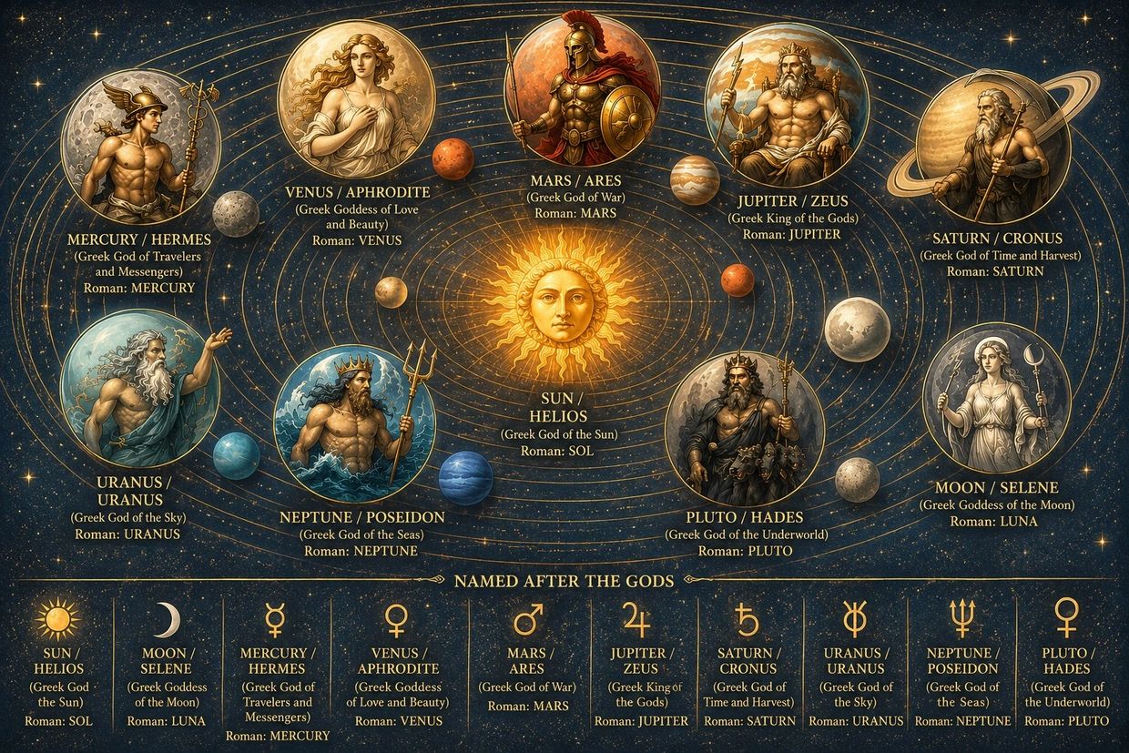Illustration of Greek and Roman gods representing planets.