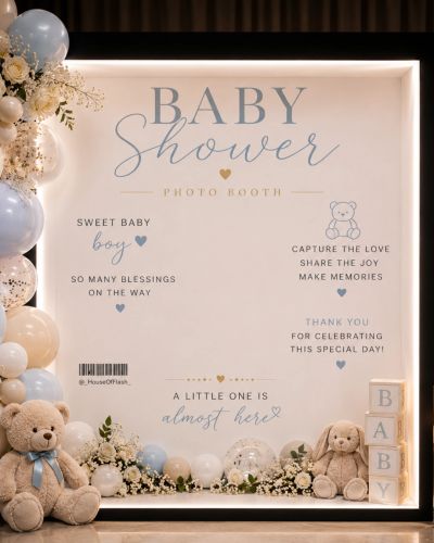 Elegant baby shower photo booth setup for a baby boy.Vogue luxury Editorial Photobooth's