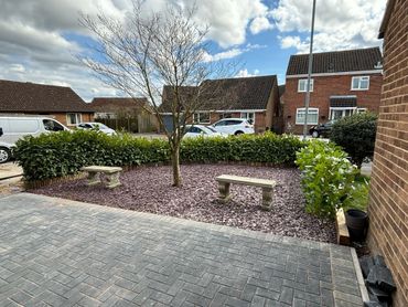 A front yard with a leafless tree, two stone benches, and hedges under a partly cloudy sky.
