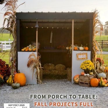 Autumn-themed Amish-inspired magazine cover with pumpkins and hay bales.