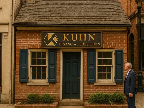 Man in suit stands outside Kuhn Financial Solutions office.
