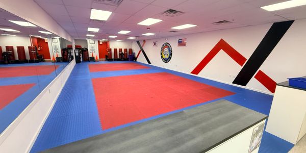 Martial arts training room with mats and mirrors.
