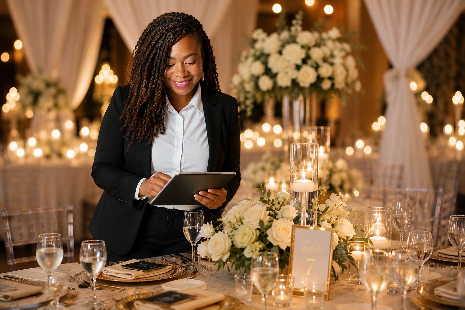 Event planner checking details on tablet at elegant wedding reception.