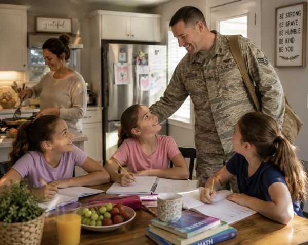 Military father greets daughters doing homework with mom cooking.