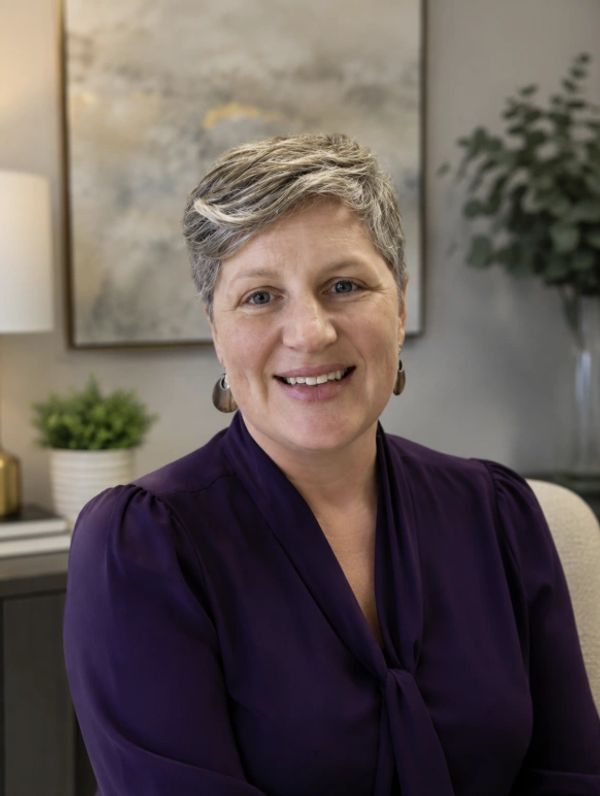 Smiling woman with short gray hair in a purple blouse.