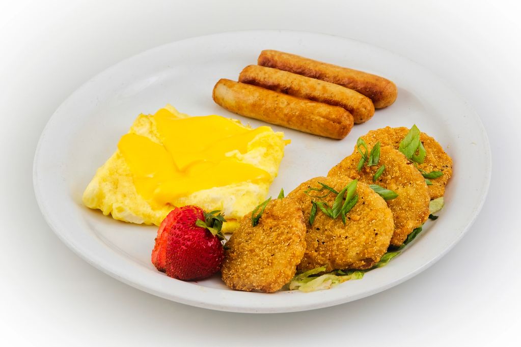 Build a Breakfast Meal served with Turkey Sausage Links, Eggs, Fried Green Tomatoes & Toast