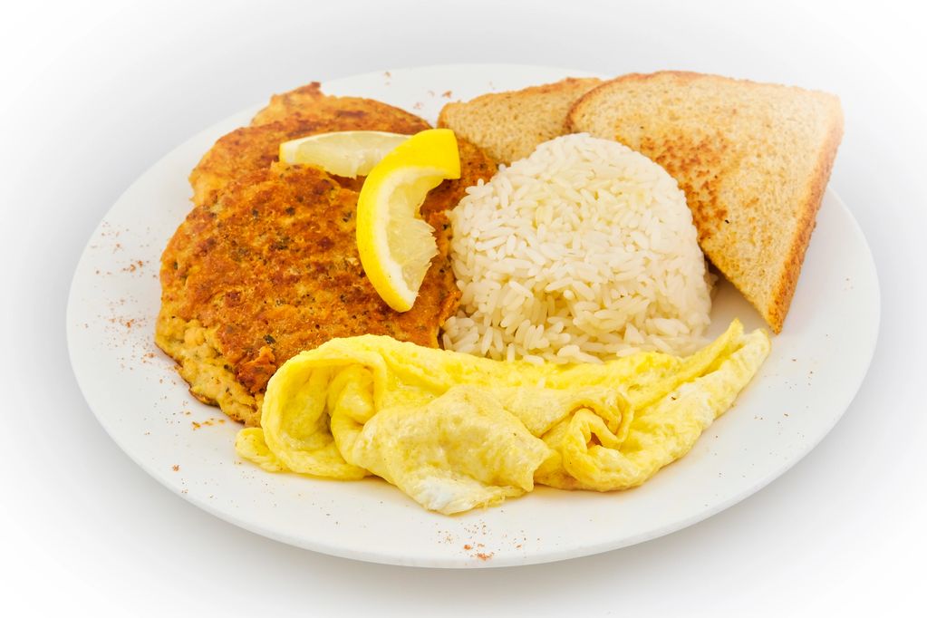 Build Your Breakfast Meal with Salmon Croquette Patties, Rice, Eggs & Toast.