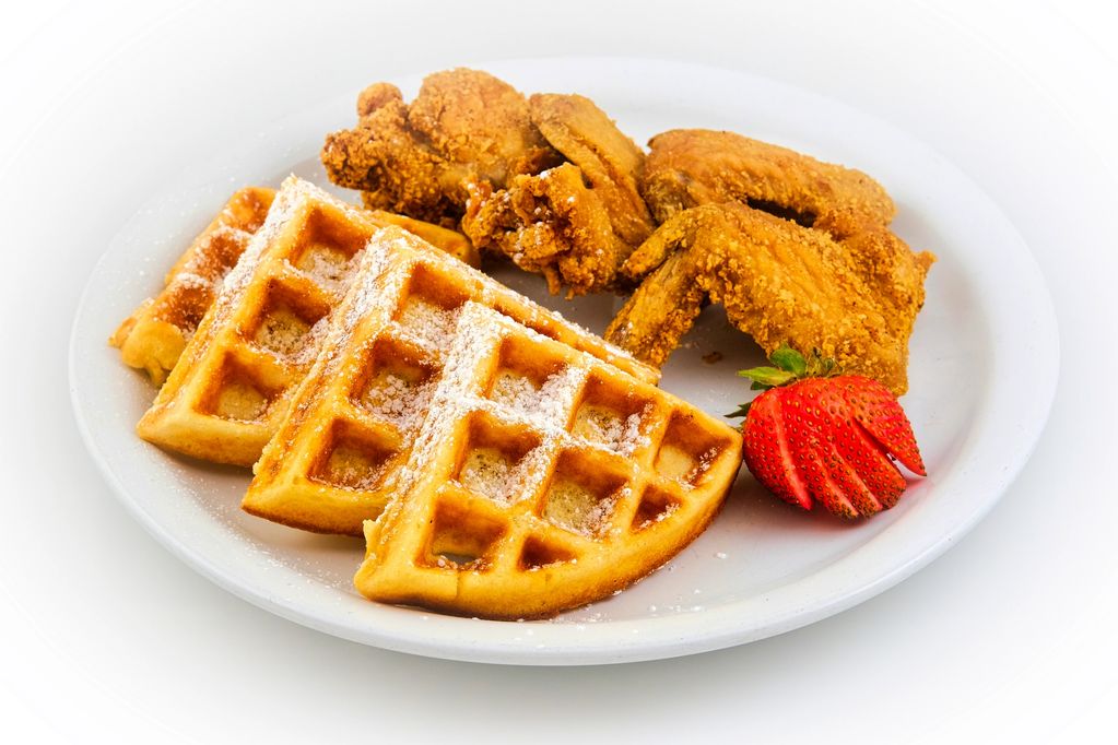 J's Breakfast Club Signature Chicken and Waffle served with 3 seasoned fried whole chicken wings ser