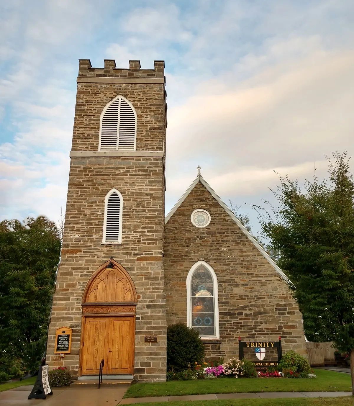 Church building and flower garden