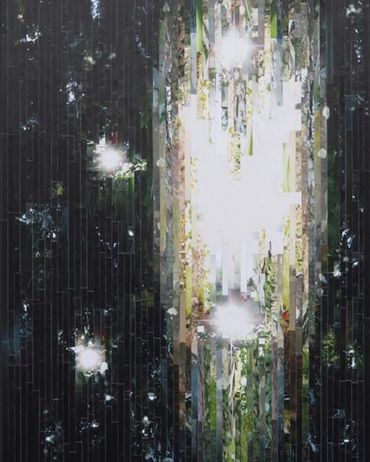 collage of colour photos cut into strips of varying lengths & widths, a jungle with a clearing