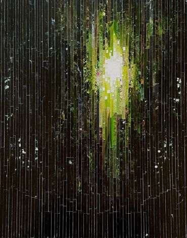 collage of colour photos cut into strips of varying lengths & widths, a jungle with a clearing