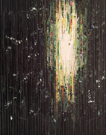 collage of colour photos cut into strips of varying lengths & widths, a jungle with a clearing