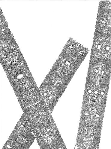 pen & ink drawing of three poles, varying upright angles,  detailed images of human and animal faces
