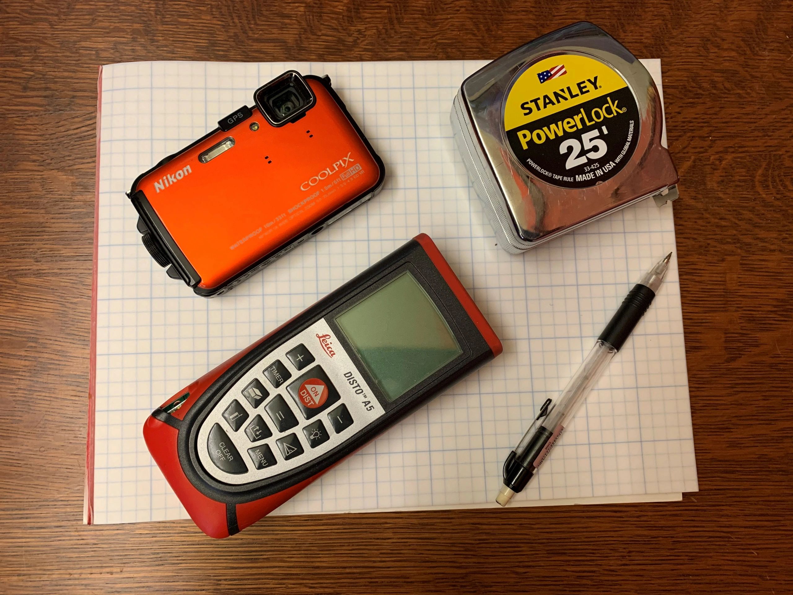 Measure and record using digital laser, tape measure and camera
