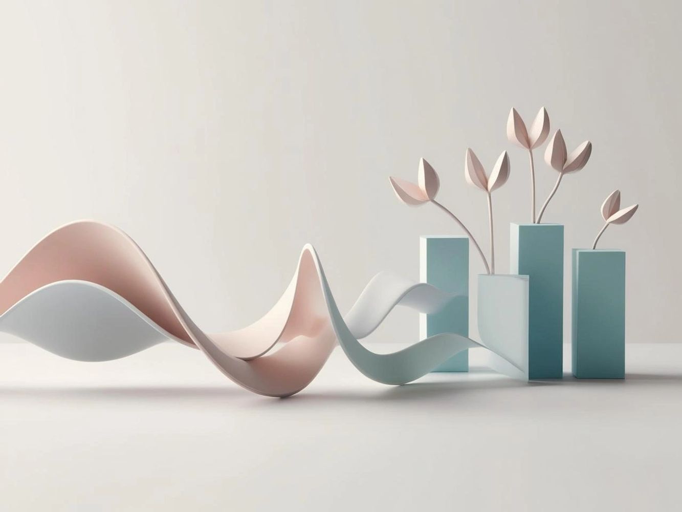 Abstract pastel waves flowing towards geometric vases with delicate leaf stems.