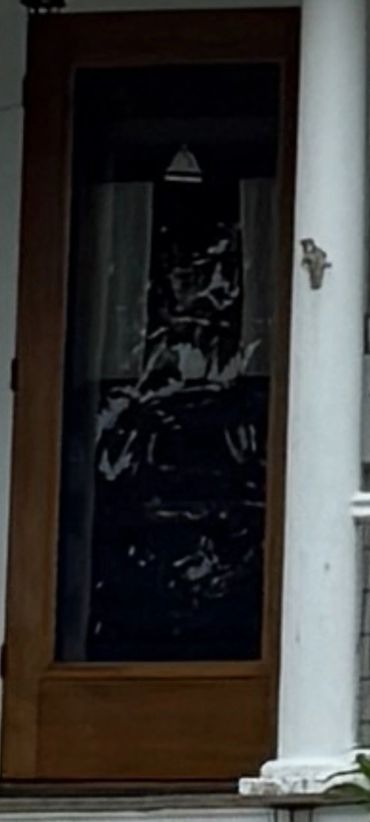 Reflection of a statue or figure in a glass door with wooden frame.