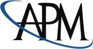 Logo with letters APM and blue swoosh.