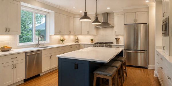 Completed kitchen remodel with cream cabinets, navy island, quartz counters and stainless appliances