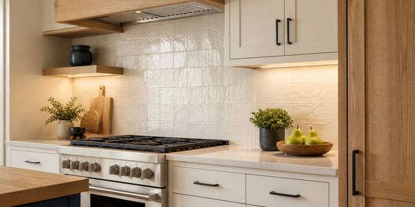 Finished kitchen with cream cabinets, handmade tile backsplash, quartz counters and wood accents