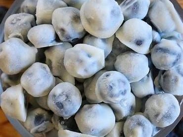 A bowl filled with frozen blueberries covered in frost.