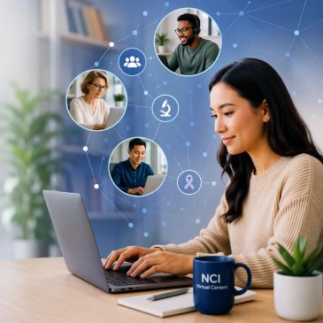 Woman working on laptop with virtual career networking icons.