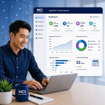 Man analyzing applicant tracking system data on laptop.