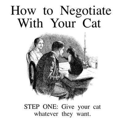 Vintage illustration humorously advising to give cats whatever they want.
