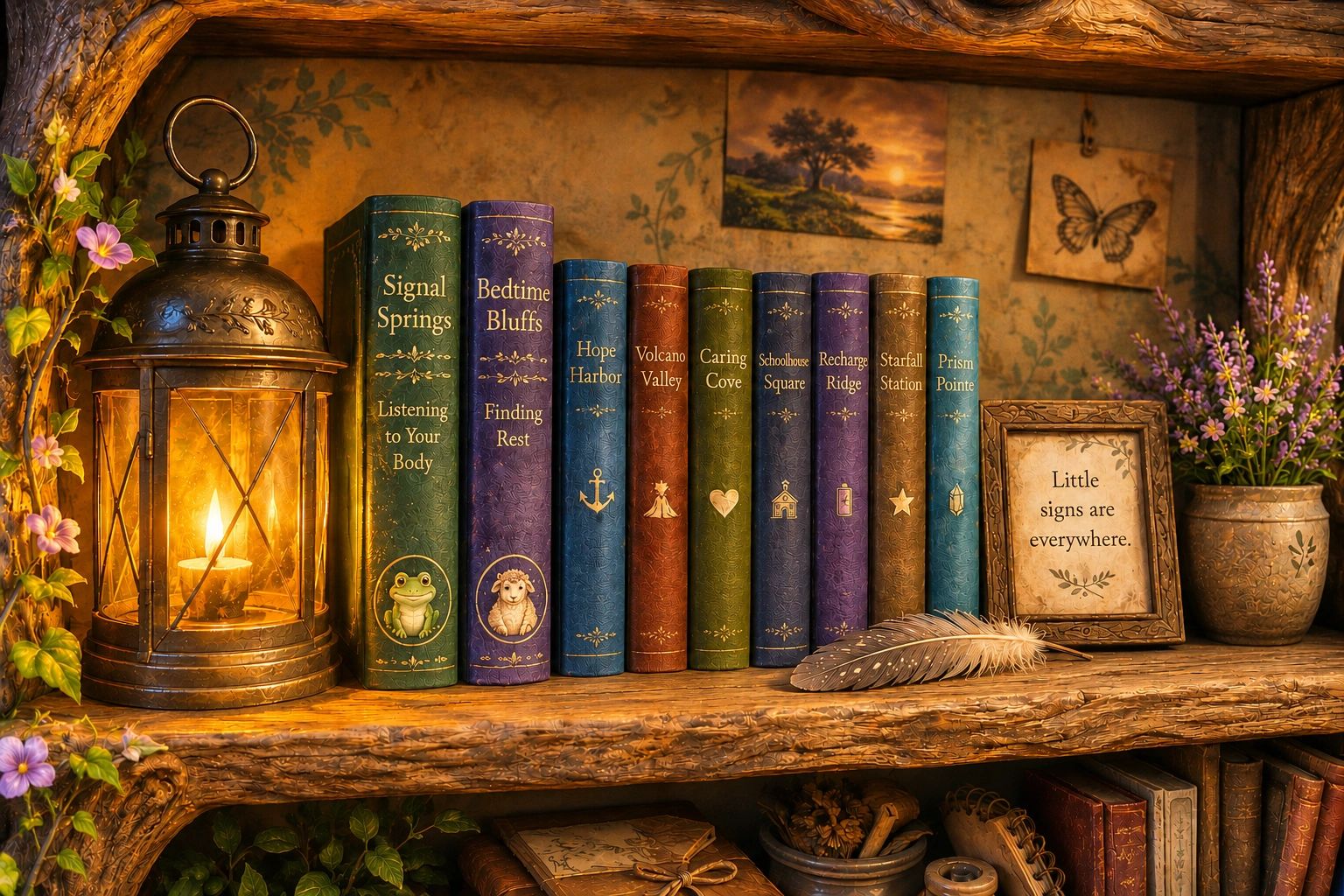 Cozy book shelf with lantern and flowers.