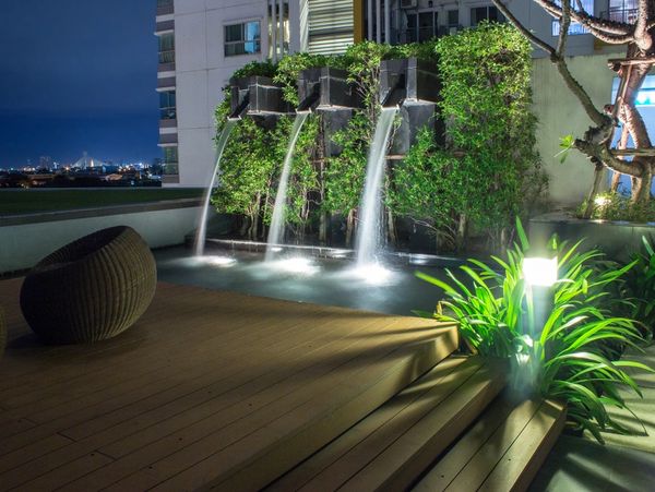 a nighttime photo of special lighting and water effects with plants around a wooden deck
