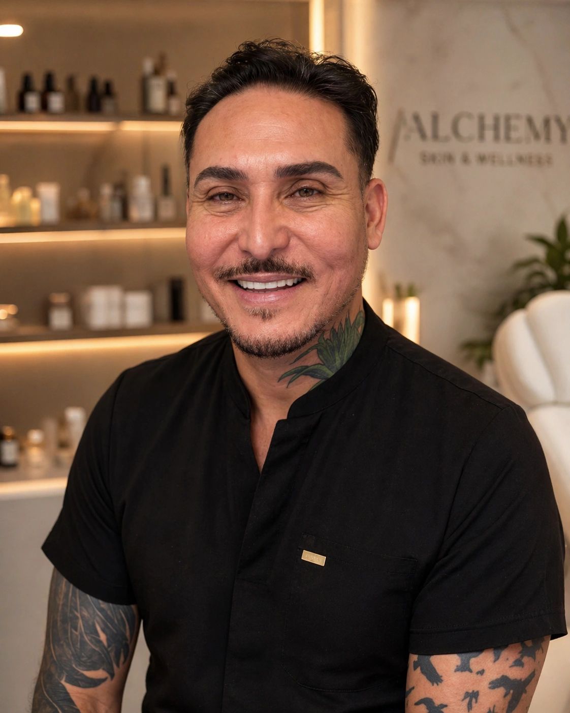 Smiling man with tattoos in a wellness spa setting.