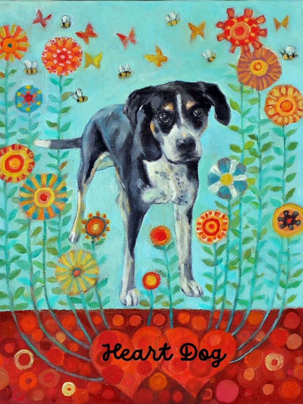 Colorful painting of a dog surrounded by flowers, bees, and butterflies with 'Heart Dog' text.
