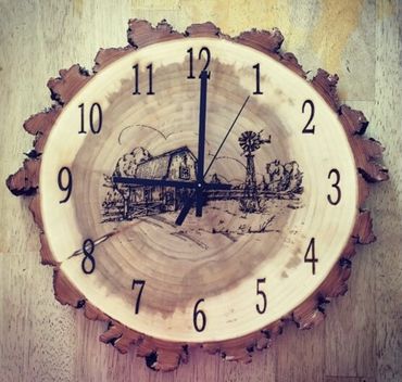 Willow wood clock with farm scene.