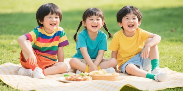 Three happy children sitting on a picnic blanket outdoors.