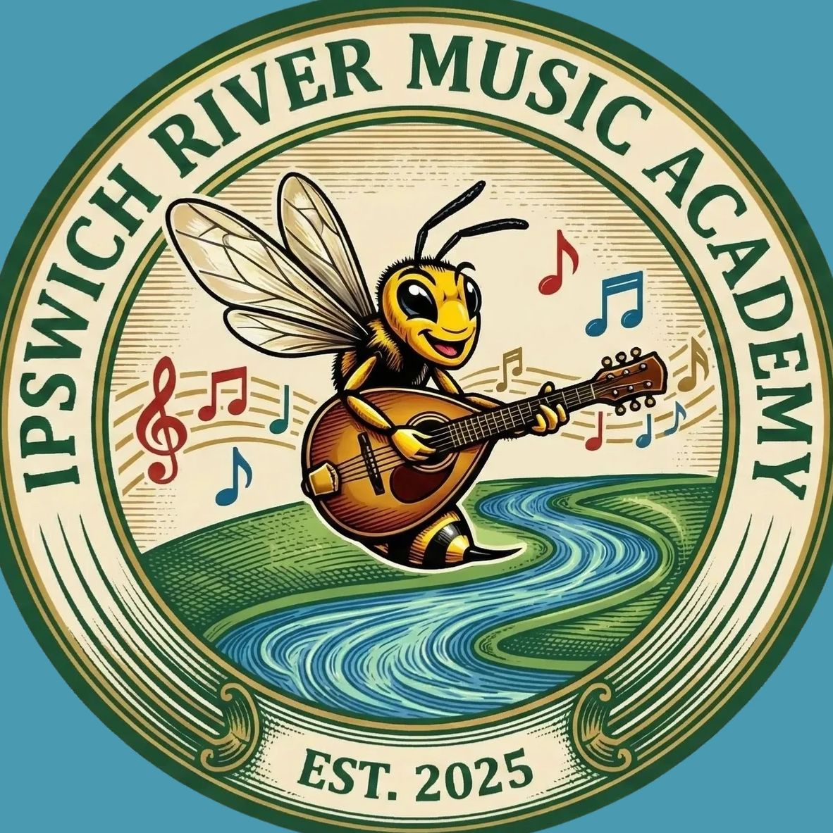 A cheerful bee playing a guitar with musical notes around it.