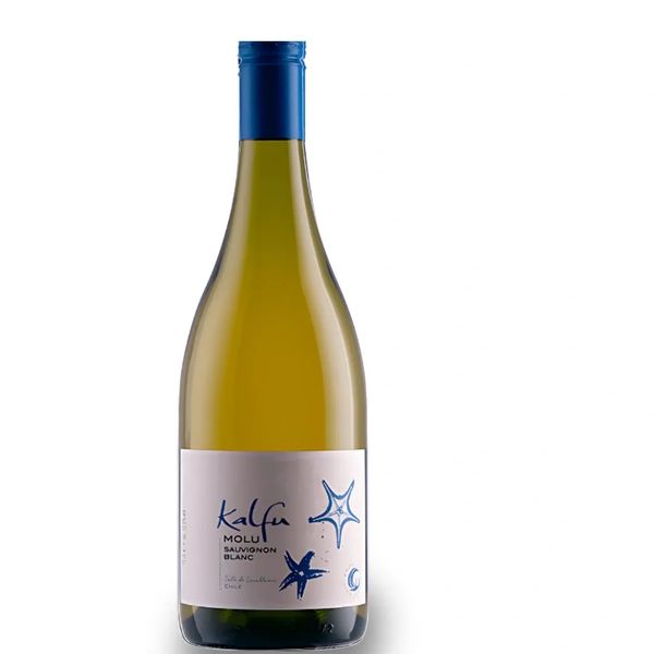 A bottle of KaPa Molu Sauvignon Blanc wine with blue cap and starfish design.