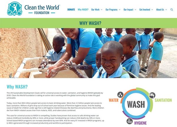  This image shows a teacher the showing kids how to wash their hands. Clean the World Foundation.