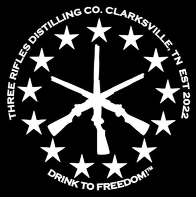 Logo featuring crossed rifles and stars with the text 'Three Rifles Distilling Co.'