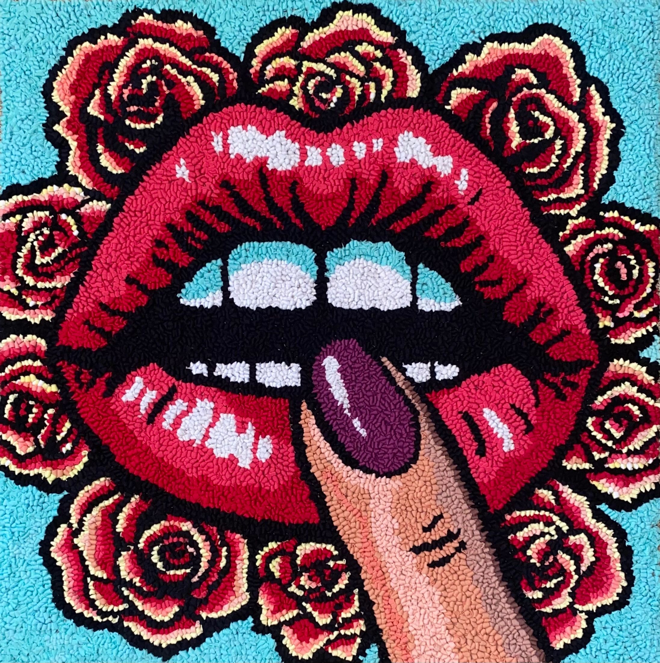 Red lips parted showing teeth, and a finger with a purple nail touching the lips.