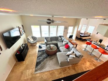 Spacious living room, dining room and breakfast bar.,