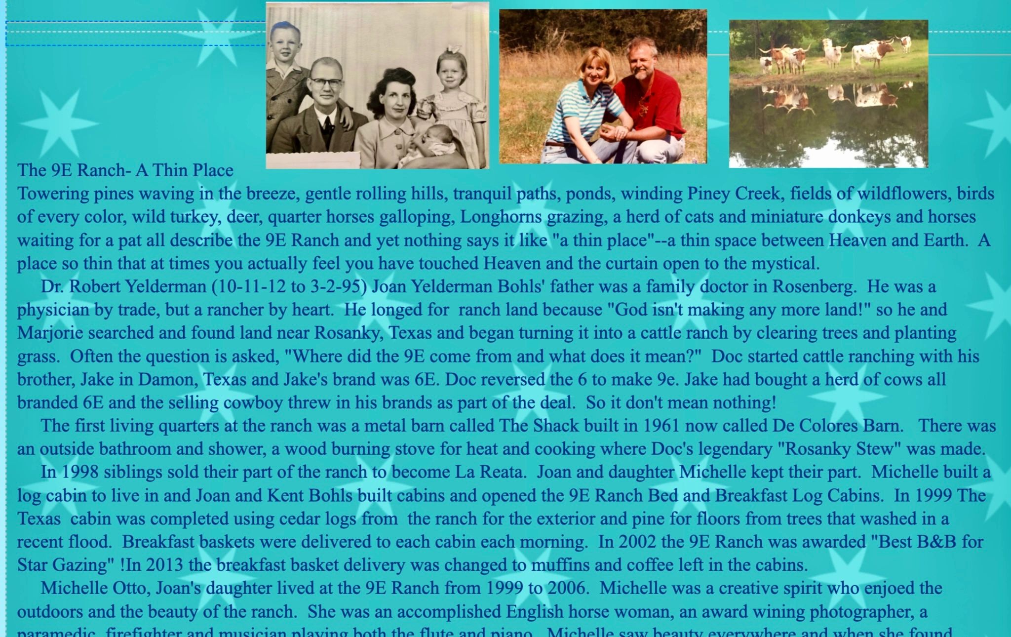 A collage with family photos and a detailed history of the 9E Ranch and its legacy.