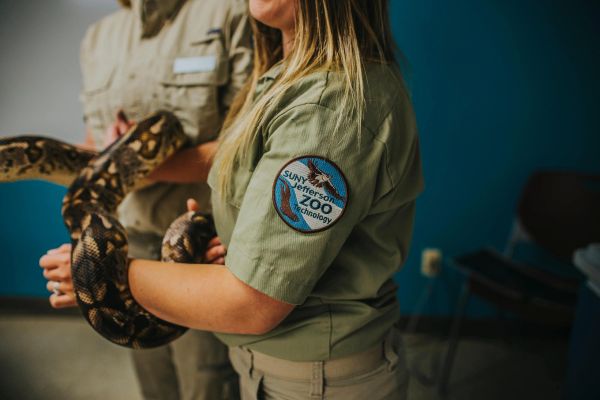 Zoo staff handling a large snake during an educational session.