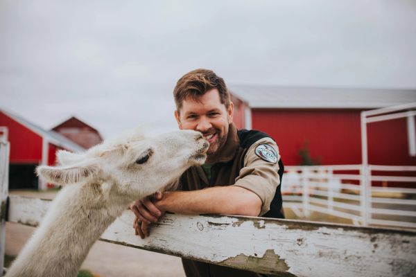Man smiling with a llama over a wooden fence on a farm.