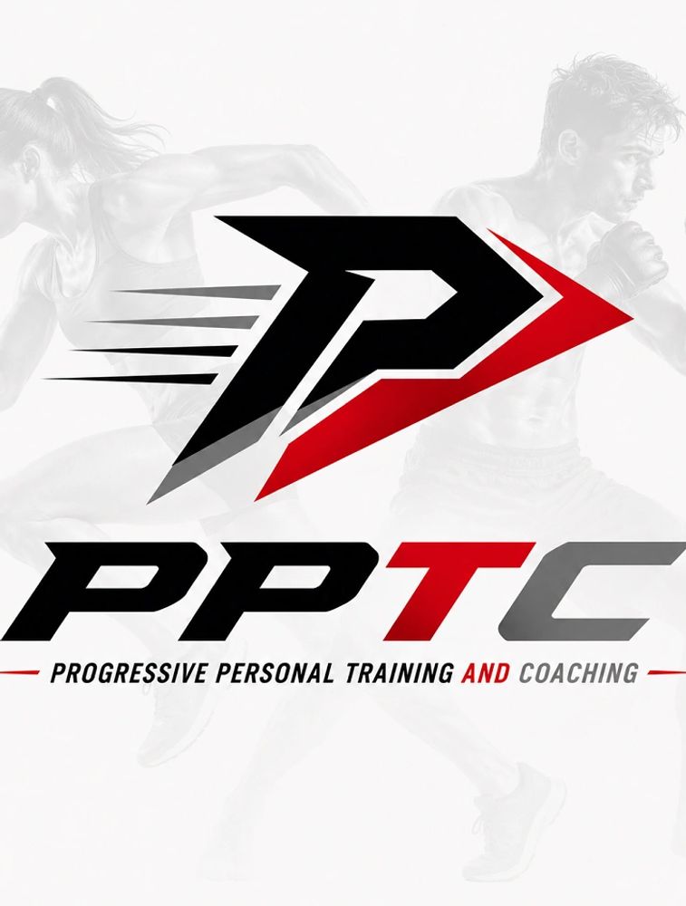 Logo for Progressive Personal Training and Coaching with athletic figures in background.