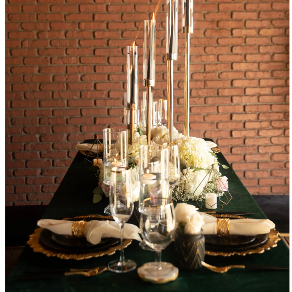 guest table, emerald green, candelabra