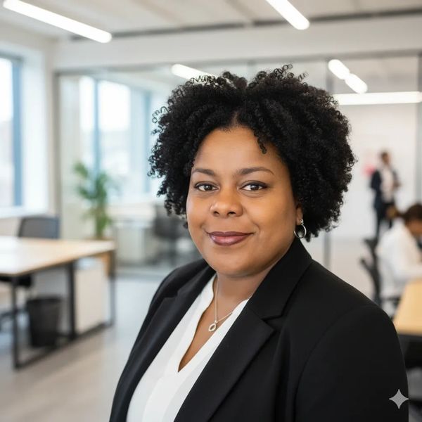 Confident woman in business attire smiling in a modern office.