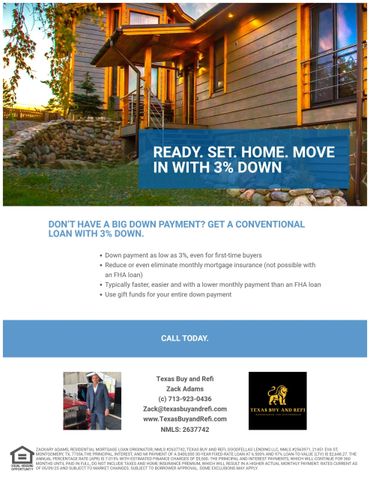 Advertisement for a home loan with 3% down payment by Texas Buy and Refi.