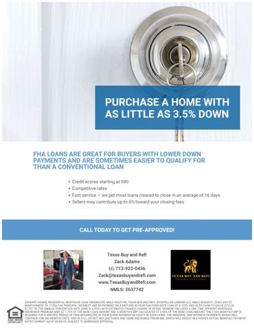 Mortgage ad promoting homes with just 3.5% down payment and FHA loan benefits.