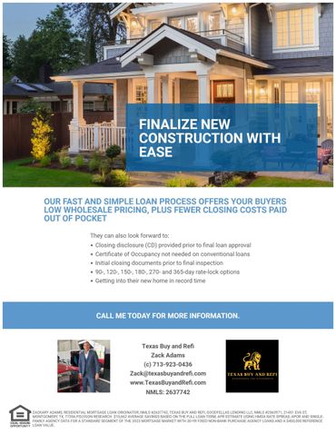 Real estate loan service ad for easy construction financing with contact details.