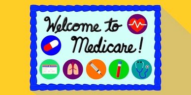A blue card with the text "Welcome to Medicare!" surrounded by artistic images of medical imagery.